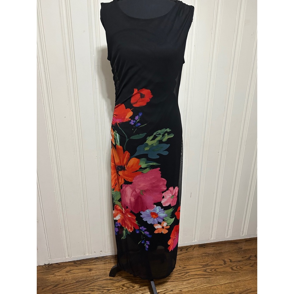 Rachel Zoe Black Floral Mesh Ruched Sleeveless Maxi Dress Y2K BodyCon Whimsygoth